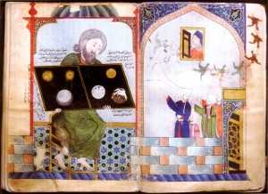 Illustration aus dem Buch Silberwasser und Sternenerde (1211) des bedeutenden arabischen Gelehrten Ibn Umail. Er beschreibt darin eine Statue eines alten Weisen in einem Tempel in Busir (Ägypten), der eine Tafel mit symbolischen Darstellungen hält.